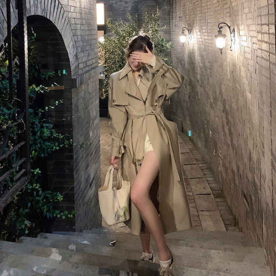 ByYou 秋冬季加厚夹棉卡其色风衣外套女中长款收腰英伦风休闲大衣