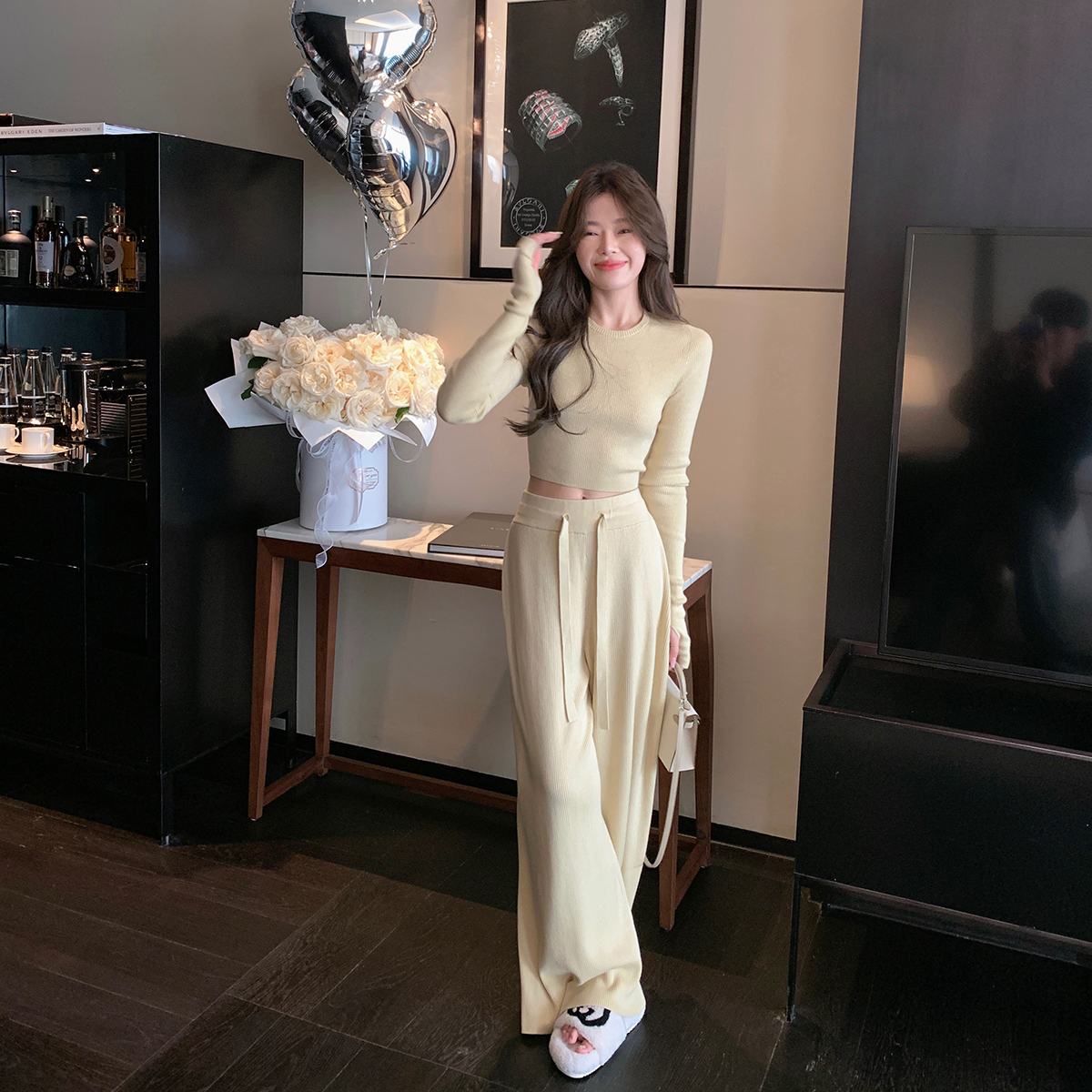 ByYou 秋冬修身短款羊毛针织衫套装女高腰宽松阔腿休闲裤子两件套 - 图0