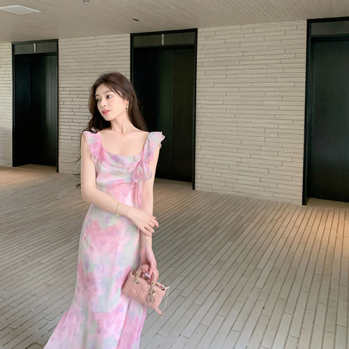 ByYou 夏季新款气质晕染粉色方领雪纺碎花连衣裙显瘦法式包臀长裙 - 图0