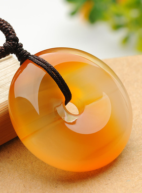 天然冰种红黄玛瑙玉石平安扣吊坠 男女款玉髓怀古项链饰品挂坠