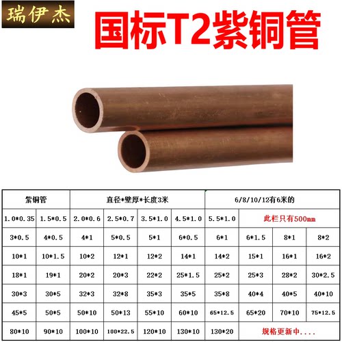 T2紫红铜管 纯铜管大小口径型材空心圆管空调硬态直管外径1-210mm - 图2