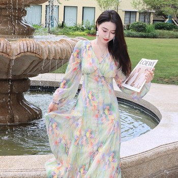 ReVe Couture Printed Gold Silk Chiffon High Waisted Long Sleeve Puff Sleeve A-Line Hem Dress