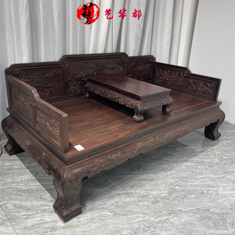 红木家具大红酸枝交趾黄檀山水罗汉床两件套明清古典沙发床榻 - 图3