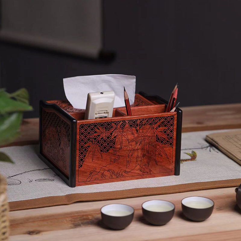 紫光檀嵌缅花遥控器纸巾收纳盒红木多功能创意客厅家用实木抽纸盒 - 图0