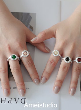 旋转肌理石天然石戒指女小众设计轻奢高级感铜镀无光银磨砂指环