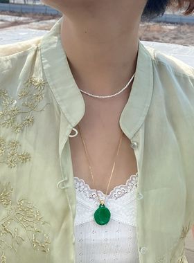 绿色不规则圆盘金色链条小众简约独特项链吊坠潮流女时尚简约项链