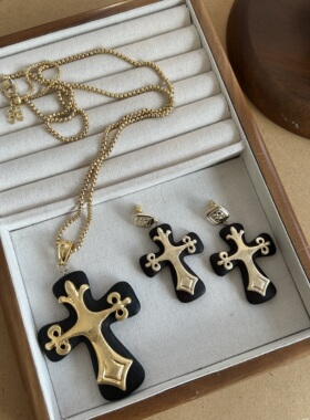 欧美小众檀木十字架项链耳环复古轻奢长款链耳钉耳饰高级时尚女