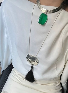 欧美夸张大贝壳流苏吊坠项链女轻奢小众高级感长款毛衣链时髦配饰