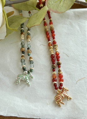 夏季新款斑马流苏蜡绳项链民族风百搭串珠项链小众设计款长项链女