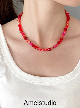 项链女款2025新款爆款配饰高级感轻奢小众爱心红玛瑙红色串珠颈链