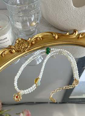 新款新中式白色米珠串珠项链不规则绿玛瑙小花简约时尚百搭款项链