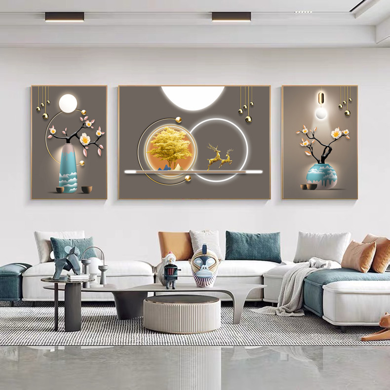 新款客厅装饰画沙发背景墙挂画壁画墙画三联现代简约晶瓷画孔雀