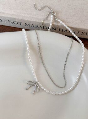 小米珠珍珠项链颈链叠戴银色蝴蝶结锁骨链女2024新款爆款轻奢小众