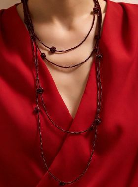 时尚秋冬红玫瑰长款项链串珠颈饰女叠戴毛衣链气质小众潮流轻奢