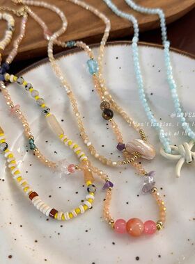 彩色天然石贝壳猫眼串珠项链女2026新款小众复古锁骨链高级感项饰