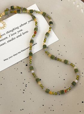 复古小众绿色系精致天然石串珠项链春夏新款新中式锁骨链颈链配饰