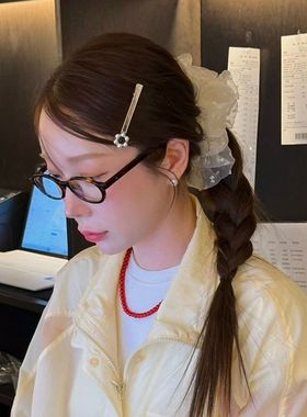 韩国博主同款黑色银色串珠花朵吊坠项链ins简约百搭长款项链发夹