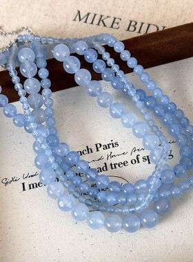 石头手工串珠海蓝色项链女小众设计感小清新时尚百搭颈链锁骨链