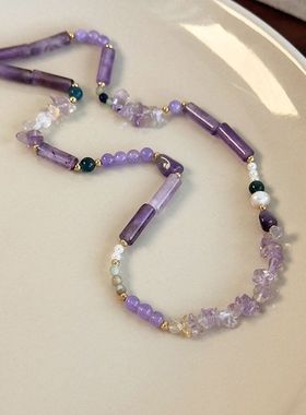 暗夜紫色石头串珠项链小众百搭时尚复古锁骨链项链新品拍照配饰女