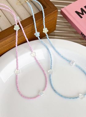 蓝色小米珠串珠项链女夏2026新款潮度假风星星锁骨链精致ins颈链