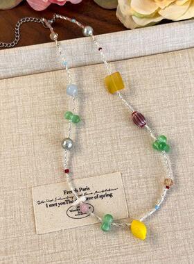 夏日多巴胺彩色串珠柠檬项链女ins小众设计气质高级感颈链锁骨链