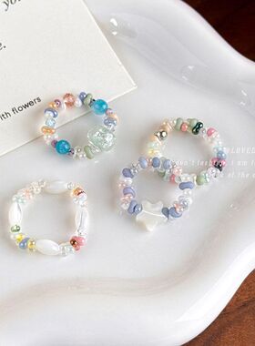 个性自制串珠戒指夏日多巴胺配色小众设计彩色叠戴弹力绳米珠戒指