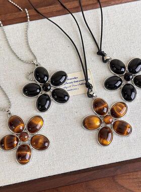 欧美风个性百搭长款项链毛衣链甜酷辣妹新款树脂花瓣花朵吊坠项链