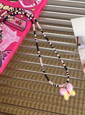 多巴胺女孩粉色小蝴蝶串珠项链女时尚设计感小众甜酷锁骨链颈链