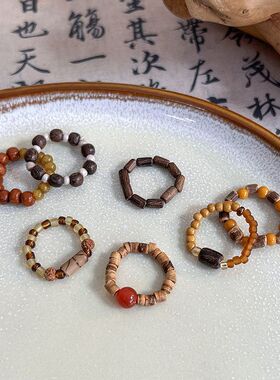 手作新中式复古石头木珠串珠戒指女小众设计时尚个性戒指配饰潮