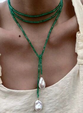 法式复古小众设计异形珍珠黑色水晶项链ins风多种戴法长款锁骨链