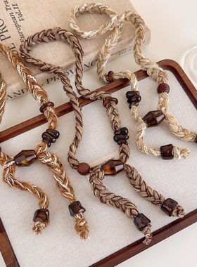 波西米亚民族风编织毛线串珠项链女复古美拉德长款配饰秋冬毛衣链