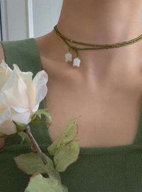 多种戴法白玉铃兰花橄榄绿水晶项链缠绕式双层颈链项链锁骨链