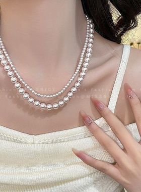 时尚感粉白玻璃珍珠项链女秋冬经典搭配毛衣链配饰小米珠颈链配饰