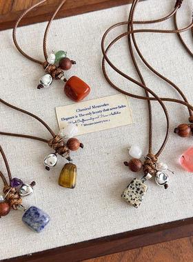 复古民族风简约几何石头吊坠项链木珠线绳抽拉式编织长款毛衣链