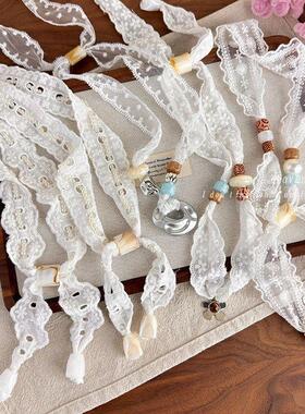 民族风白色蕾丝彩色串珠抽拉项链波西米亚长款氛围感丝巾项链配饰