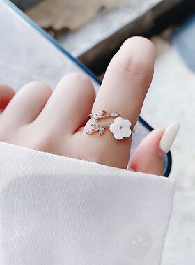 日韩流行闪钻水晶锆石花朵戒指微镶甜美百搭爱心花朵开口指环手饰