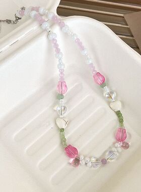 甜美！粉色水晶串珠郁金香花朵项链2026年新款陶瓷爱心锁骨链颈链
