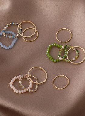 韩版新款四件套装彩色水晶串珠戒指叠戴复古素圈指环4件套戒指女