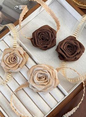 设计感新中式干枯玫瑰花choker颈链项圈脖子系花丝带配饰轻奢项链