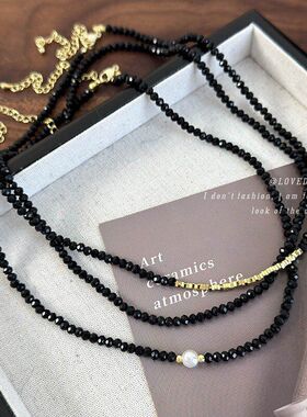 黑色水晶珍珠碎银子项链时尚气质轻奢叠戴锁骨链小众设计高级颈链