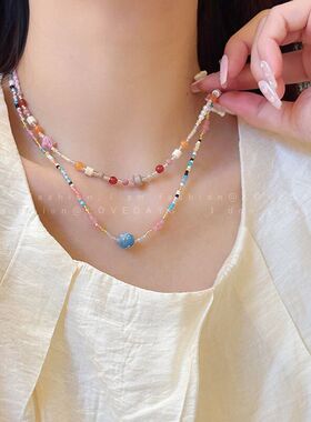 多巴胺彩色天然石项链2026新款爆款夏日串珠颈链高级感叠带锁骨链