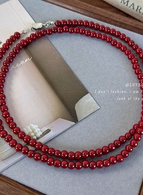 安可拉红色珍珠项链简约小众设计酒红串珠元宝扣长款毛衣链卫衣链