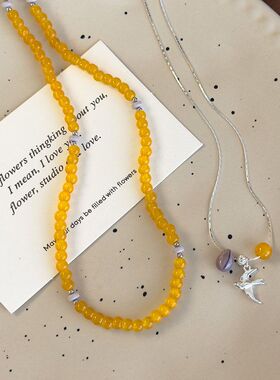 新中水清冷感清新黄色玻璃串珠百搭项链飞燕叠戴锁骨链春夏项饰