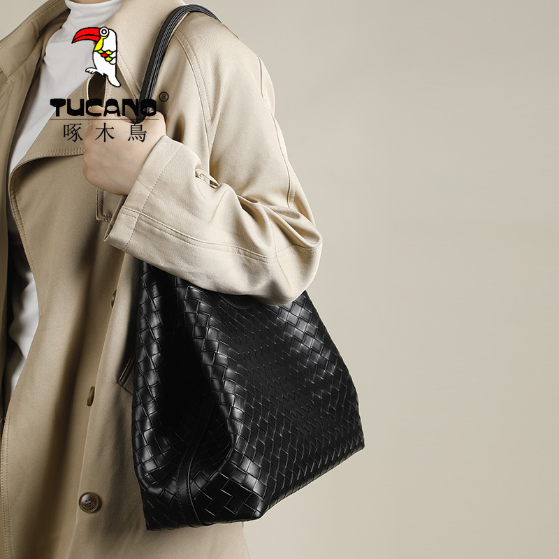 啄木鸟女包2025新款真软皮菜篮手提包编织托特休闲电脑文件单肩包,淘宝优惠券,粉丝福利购,淘宝优惠卷