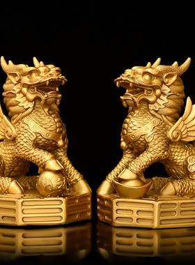 精选铜麒麟摆件一对纯铜八卦元宝麒麟瑞兽客厅门店桌面装饰品飞天