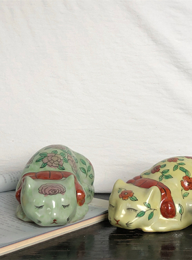 复古老货釉下彩慵懒的猫咪陶瓷猫摆件中式软装饰品摆件民宿茶室