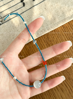 湖光曲～蓝色米珠项链夏日海岛度假风锁骨链叠戴百搭新中式锁骨链