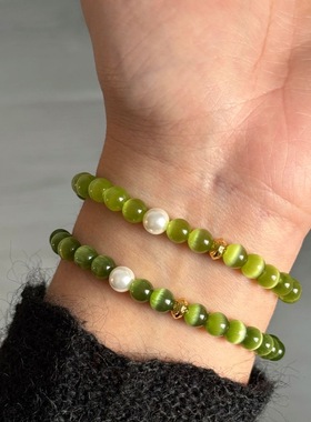 【回馈】春山绿新中式手串橄榄绿色猫眼石手链小众复古国风女手链