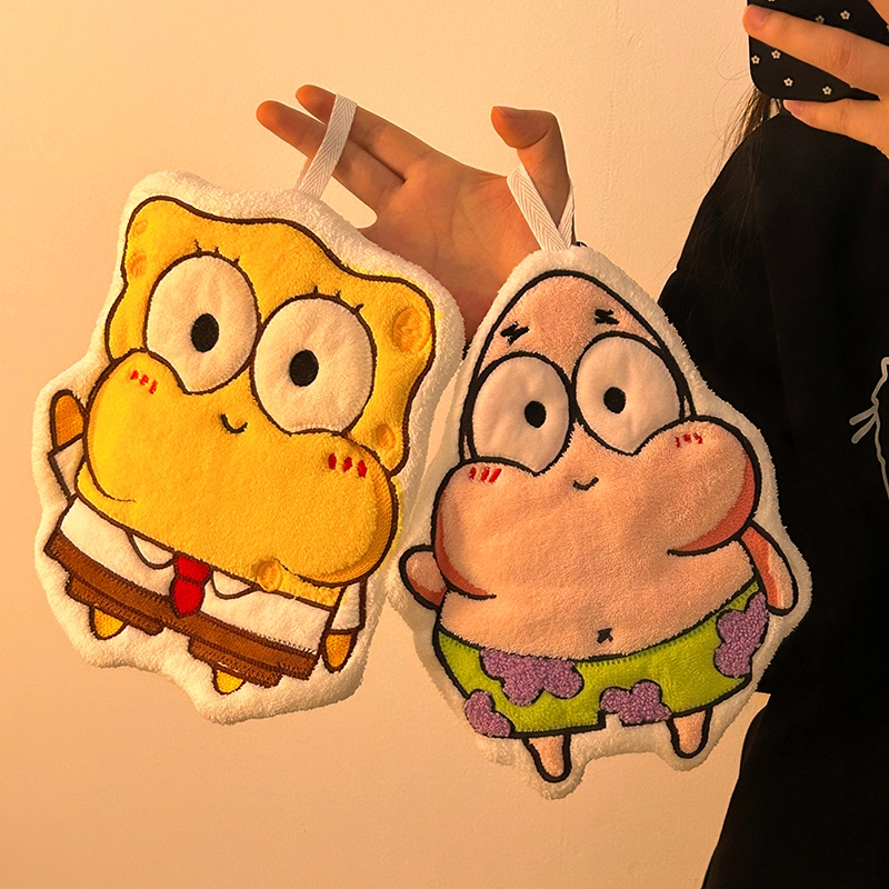 可爱海绵宝宝擦手巾家用挂式吸水不掉毛小方巾儿童毛巾厨房抹手布 - 图0