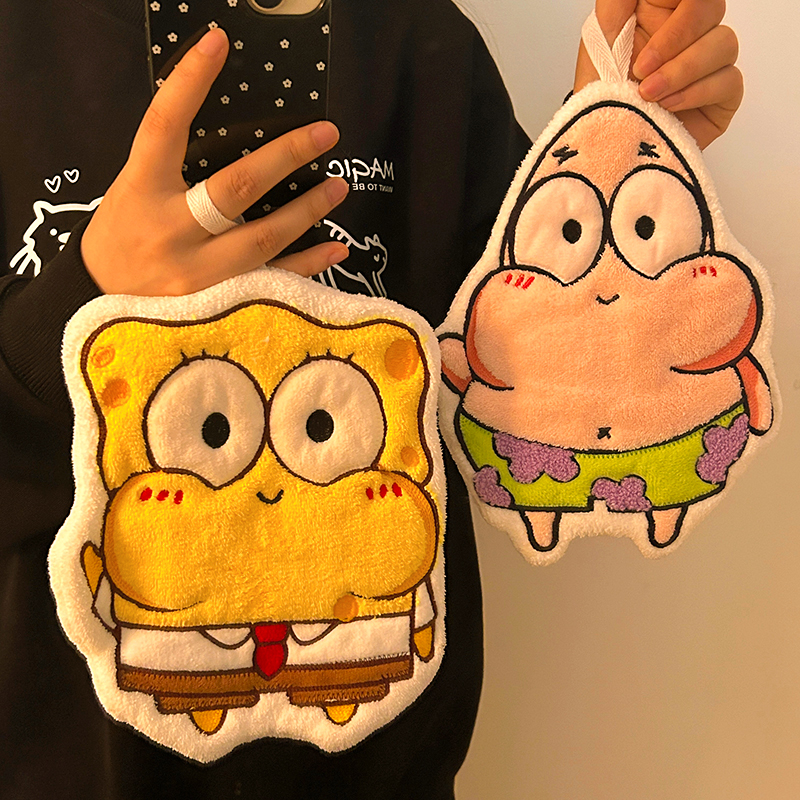 可爱海绵宝宝擦手巾家用挂式吸水不掉毛小方巾儿童毛巾厨房抹手布 - 图2